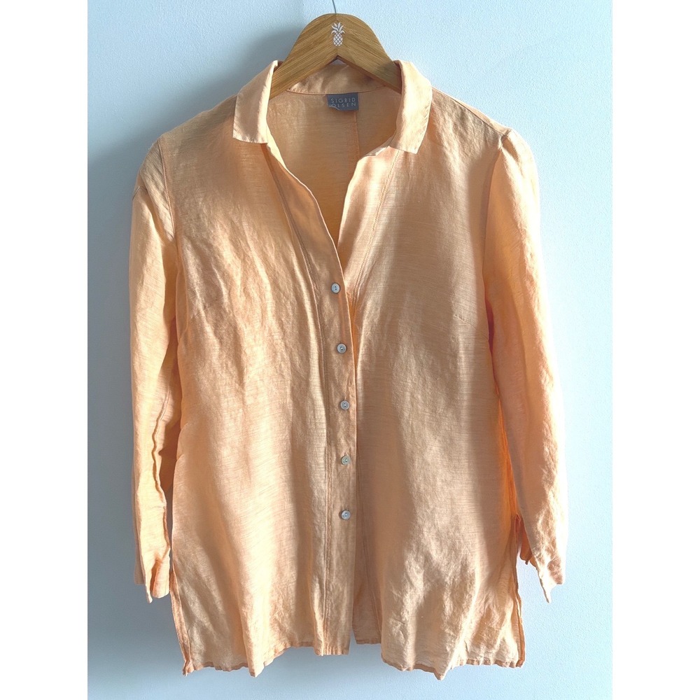 Sigrid Olsen Peach Button Down Top Linen Blend Embroidered Rose Detail Size M